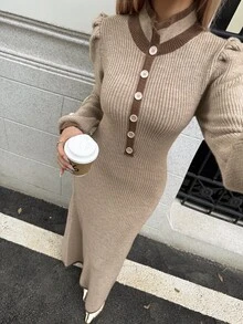 DAZY 秋冬駝色鈕扣前開襟花瓣袖羅紋針織修身長版優雅溫柔通勤女款針織洋裝 - 棕色 - 查看 3