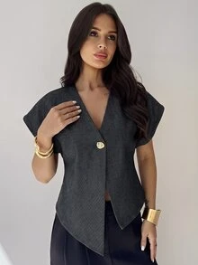 Firerie Women's Metal Single Button Batwing Short Sleeve Regular Jacket - Dark Grey - View 5