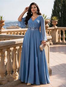 Auveirra Plus Size French Elegant 3D Floral Decor Long Sleeve Dress - Blue - View 9