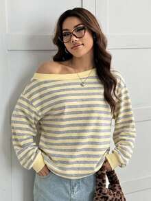 SHEIN EZwear 秋季新款復古灰紋休閒寬鬆白色不對稱肩女款運動衫 - 淡黃色 - 查看 5