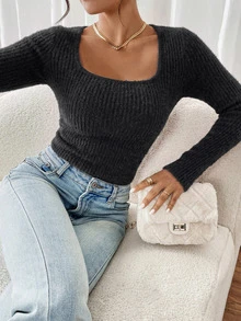SHEIN Frenchy Women's Simple Versatile Ribbed Long Sleeve T-Shirt For Daily Wear - Black - View 5