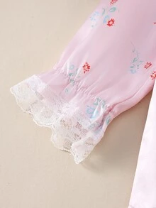 Infant Girl Ditsy Floral Print Pattern 3D Bow Ruffle Trim Cuffs Long Sleeve Pants Satin Set Loungewear - Pink - View 5