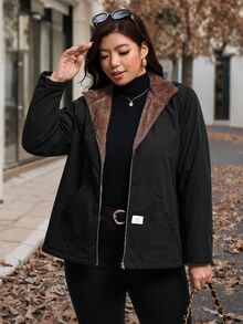 Chikora Plus Size Hooded Thermal Lined Denim Zipper Long Sleeve Jacket - Black - View 4