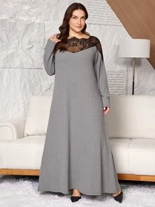 Lacomfia Women's Lace Plus Size Round Neck Long Sleeve Elegant Dress - Grey - View 6