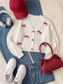 Comfortcana Plus Size Women's Bow Decor Long Sleeve Single-Breasted Knit Cardigan - Beige - View 7
