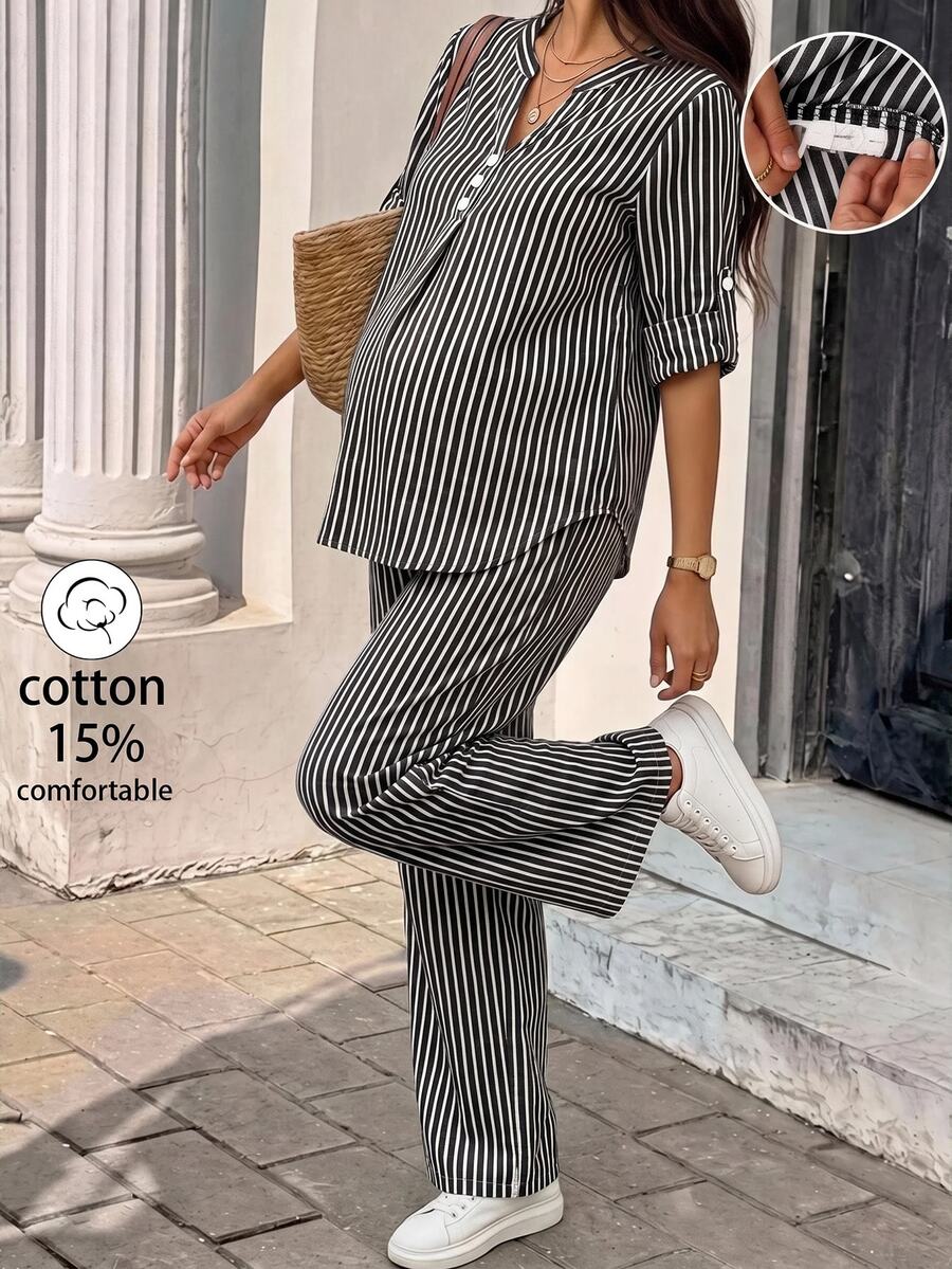 SHEIN 孕婦黑白捲袖上衣與可調腰長褲休閒套裝 2 件組,適合秋季派對旅行 - 黑色 - 查看 1