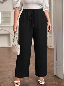 Comfylo Women's Plus Size Casual Solid Color Wide Leg Pants With Waist Tie, Autumn/Winter - Black - View 1