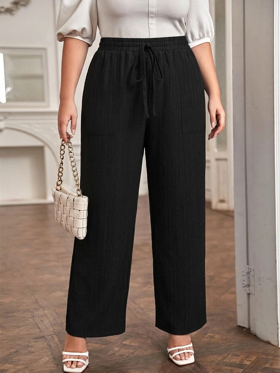 Comfylo Women's Plus Size Casual Solid Color Wide Leg Pants With Waist Tie, Autumn/Winter - Black - View 1