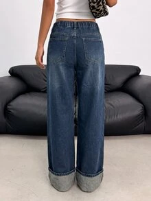 SHEIN Celana Panjang Denim Biru Tua Longgar dengan Lipatan di Bagian Bawah untuk Remaja Perempuan - Biru - View 3