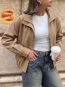 SHEIN BASICS Women's Street Fashion Casual Button Pocket Long Sleeve Jacket Everyday Travel Khaki Autumn Fall/Winter Winter Warmth - Khaki - View 4