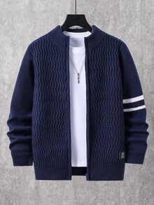 SHEIN 兒童青少年男孩休閒復古學院風海軍藍針織開襟毛衣，適合秋季、學校、家庭聚會、度假、派對，秋季穿搭、冬季穿搭，男孩兒童服飾 - 藏蓝色 - 查看 1