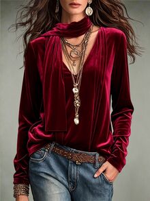 LUMIGAL Autumn/Winter Party Christmas Wine Scarf Decor V-Neck Pleated Design Long Sleeve Loose Fit Women's Top - Multicolor - View 4