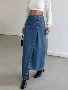 SHEIN MOD Women's Street Style Asymmetrical Waist Button Slit Denim Skirt - Light Wash - View 6