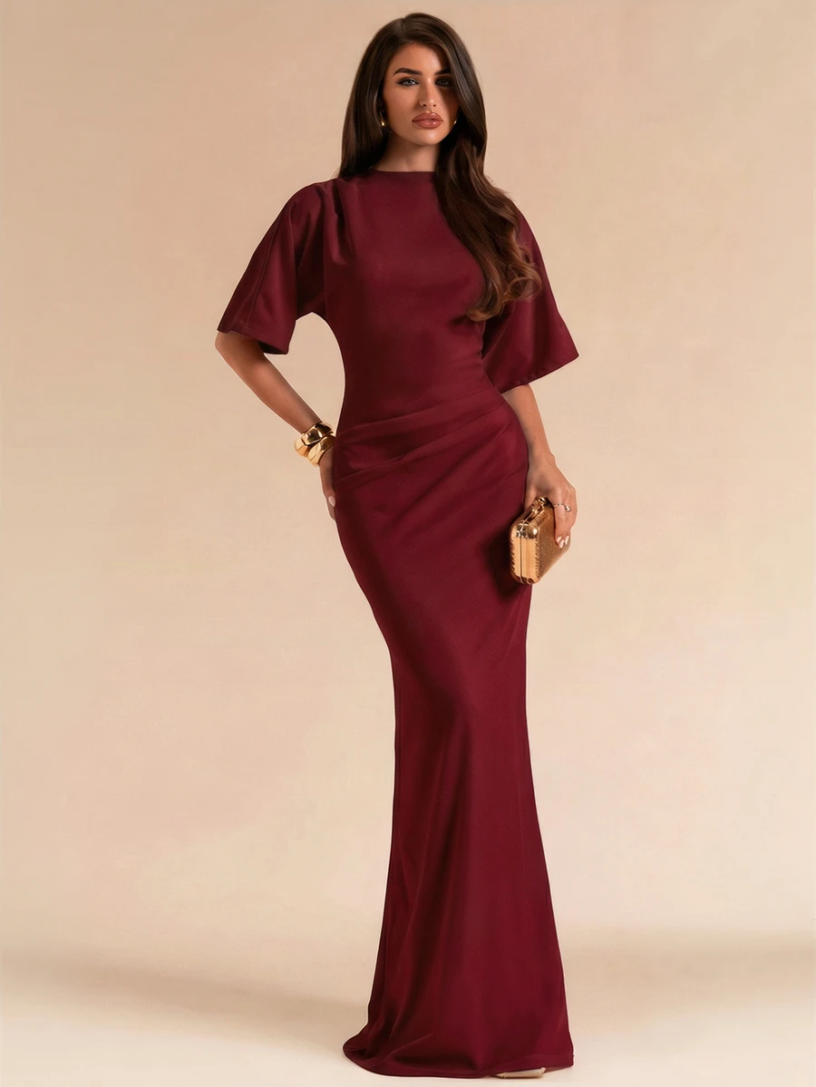SHEIN BAE Spring Summer Solid White Short Sleeve Fitted Pleated Elegant Long Dress For Women - Burgundy - View 1