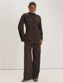MUSEYN Brown Satin Wide Leg Trousers Versatile Everyday Casual Fall - Coffee Brown - View 1