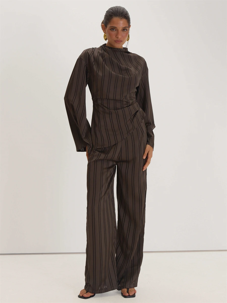 MUSEYN Brown Satin Wide Leg Trousers Versatile Everyday Casual Fall - Coffee Brown - View 1