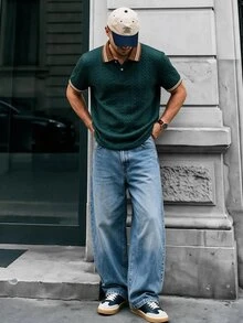 Manfinity CasualCool 英式風格拼色領波浪圖案提花 Polo 衫 男士高級百搭短袖 T 恤 - 墨綠色 - 查看 5