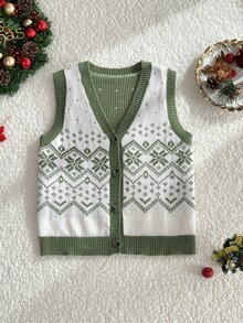 Elamini Women's Autumn/Winter Christmas Snowflake Pattern Rhombus Jacquard Button Contrast Color Cute Delicate Atmosphere Knit Sweater Vest - White - View 1