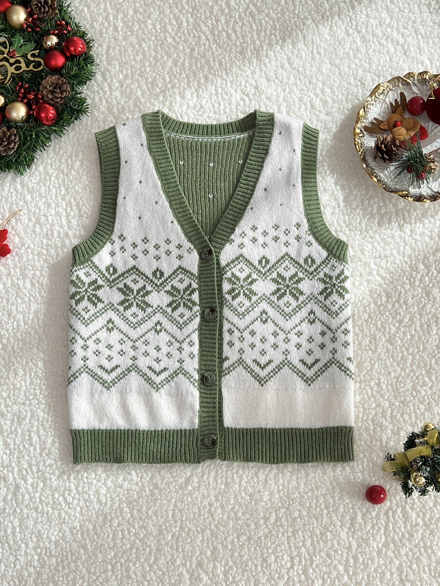 Elamini Women's Autumn/Winter Christmas Snowflake Pattern Rhombus Jacquard Button Contrast Color Cute Delicate Atmosphere Knit Sweater Vest - White - View 1