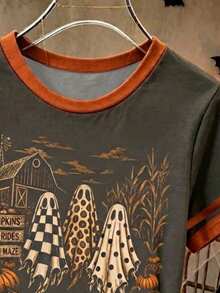 Resyla 復古萬聖節農舍風 Tis The Season 印花女款 T-shirt，女式驚悚季節上衣 - 深灰色 - 查看 3