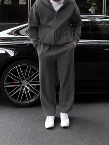 青少年男孩 2件組休閒運動基本款灰色連帽拉鍊衛衣與運動長褲，秋季款 - 深灰色 - 查看 5