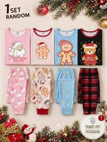 [Randomly 1 Set]Girls' Fashionable And Cute Christmas Pattern Print Pink Base Round Neck Pullover Long Sleeve Pants Snug Fit For Autumn And Winter - Multicolor - View 1