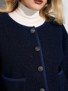 Maija Plus Size Women's Solid Color Casual Daily Wear Wool Blend Coat - Navy Blue - View 7