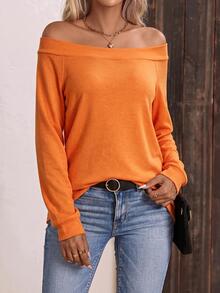 SHEIN LUNE Women's Solid Color Off-Shoulder Long Sleeve Casual T-Shirt - Orange - View 6