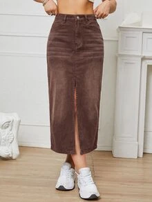 SHEIN EZwear 女款高腰口袋開衩下擺休閒牛仔裙 - 棕色 - 查看 4
