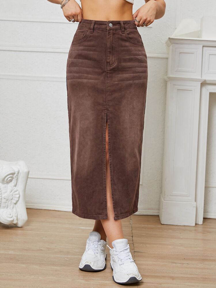 SHEIN EZwear Women's High Waist Pocket Slit Hem Casual Denim Skirt - Brown - View 4