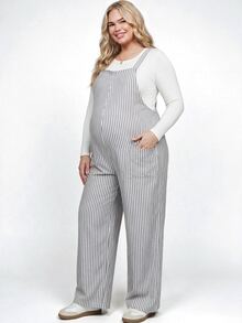 Plussiva Plus Size Maternity Striped Pocket Design Wide Leg Overalls - Grey - View 1