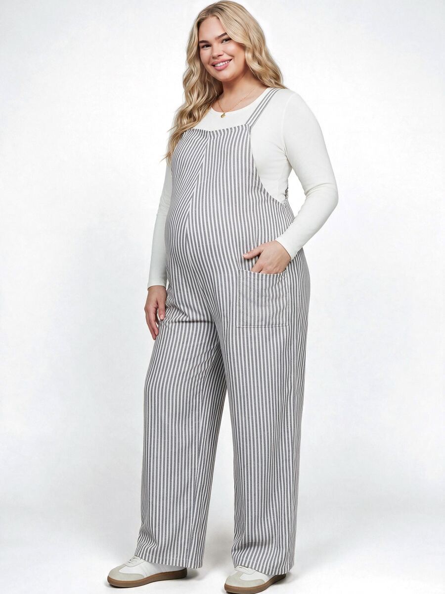 Plussiva Plus Size Maternity Striped Pocket Design Wide Leg Overalls - Grey - View 1