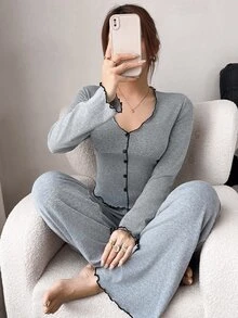 Napfluff Autumn/Winter Women's Casual Loungewear Set, Fashionable V-Neck Comfortable Fabric Wearable Home Outfit - Grey - View 5