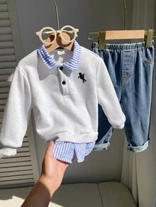 SHEIN 男女嬰兒/幼兒 2件組秋冬加厚抓絨內裡休閒可愛假兩件式運動衫套裝，牛仔色，嬰兒運動服，嬰兒冬季衣物，牛仔褲 - 藏蓝色 - 查看 6
