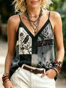 Selamara Plus Size Bohemian Patchwork Print V Neck Spaghetti Strap Tank Top - Multicolor - View 4