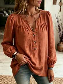 Linhara CURVE Plus Size Women's Woven Casual Long-Sleeved Autumn Shirt Fall - Orange - View 5