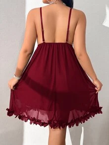 SHEIN 大尺碼性感蕾絲蝴蝶結裝飾睡裙 - 酒紅色 - 查看 2