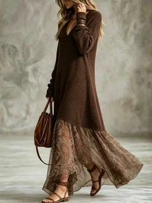 Breezaya Women's V-Neck Long Sleeve Patchwork Floral Print Asymmetric Hem Fashion Dress - Brown - View 6
