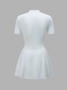 CourtClass CourtClass Women's Solid Color Short Sleeve Zipper Placket Mesh Patchwork Casual Sports Dress - White - View 4