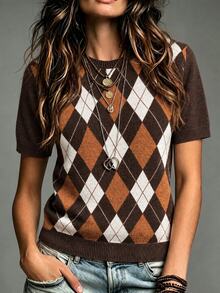 Franclia New Spring Summer Vintage Preppy Style Colorblock Plaid Knit Pullover Sweater For Women - Coffee Brown - View 4