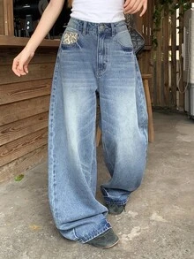 DAZY Tween Girl Wide Leg Loose Casual Versatile Denim Jeans With Pockets - Medium Wash - View 4