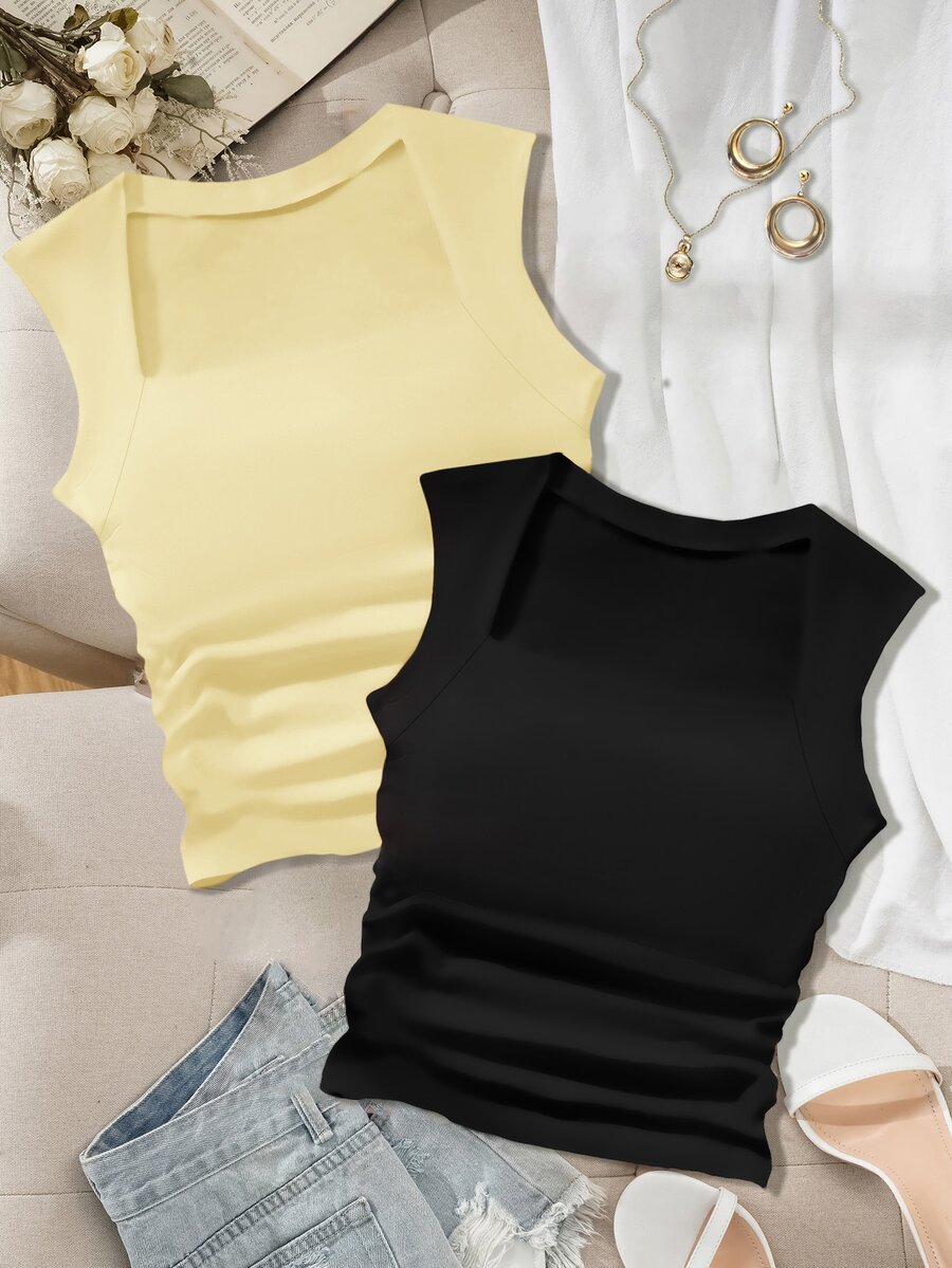 Shapeblank 休閒 2 件組加寬肩帶黑色與奶油黃腰部抓褶背心,修身大尺碼女款細肩帶背心與馬甲,適合春夏穿著 - 彩色 - 查看 1