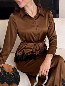 Modelyn Elegant Lace Patchwork Satin Drape Tie Long Sleeve Blouse & Full Skirt Two Pieces Set For Women Plus Size - Brown - View 6