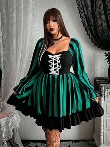 Whyspr 新款時尚哥德式暗黑風萬聖節 Cosplay 黑白條紋元素網格裝飾繫帶設計長袖泡泡袖迷你洋裝蝴蝶結 - 綠色 - 查看 6