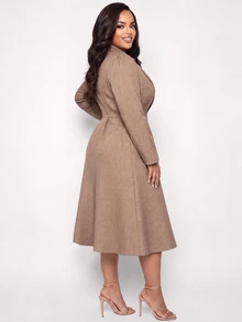 Poshavie Poshavie Plus Size Women Elegant Business Casual High-End Fashion Long Dress, Fall Intelligent Workplace Office Evening Style Long Sleeve, Suitable For Camel - Brown - View 2