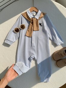 SHEIN 中性嬰兒男/女嬰、幼兒 2件組秋冬抓絨加厚可愛學院風藍白條紋連身衣與棕色披肩，嬰兒冬季連身衣套裝，聖誕 - 藍色 - 查看 7