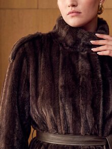 MOTF PREMIUM PLUS SIZE FAUX MINK FUR STAND COLLAR WAIST-CINCHING COAT - Brown - View 4