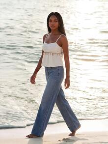CAJUNI Spaghetti-Strap Top Featuring Special Shell-Style Fabric And Trim; Perfect For A Chic, Elegant, And Casual Summer Vacation Look. - Beige - View 4