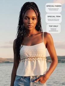 CAJUNI Spaghetti-Strap Top Featuring Special Shell-Style Fabric And Trim; Perfect For A Chic, Elegant, And Casual Summer Vacation Look. - Beige - View 12