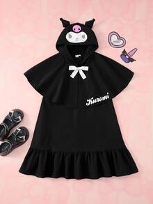 HELLO KITTY AND FRIENDS | SHEIN Tween Girl Letter Print Hooded Cape Dress - Black - View 3